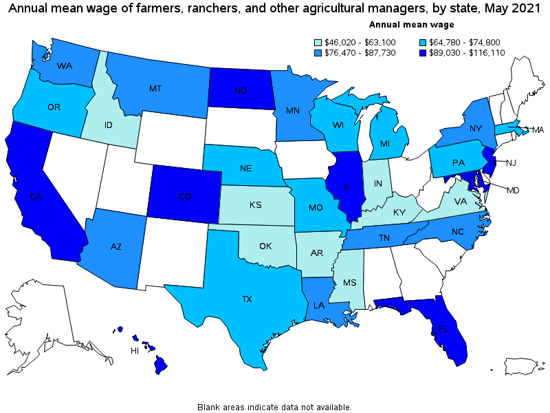 Map of annual mean wages of farmers, ranchers, and other agricultural managers by state, May 2021