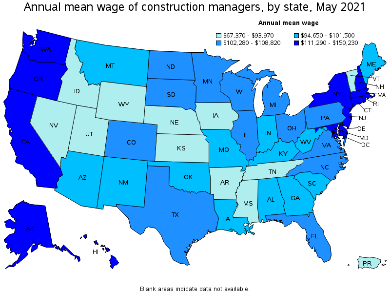 Map of annual mean wages of construction managers by state, May 2021