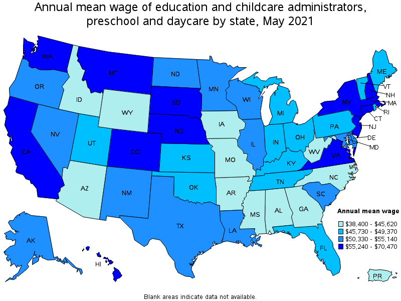 Map of annual mean wages of education and childcare administrators, preschool and daycare by state, May 2021