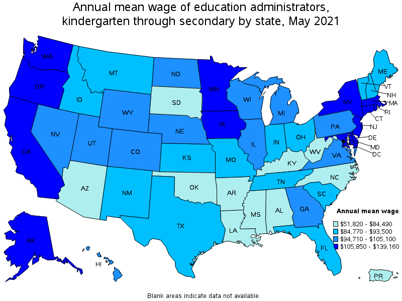 Map of annual mean wages of education administrators, kindergarten through secondary by state, May 2021