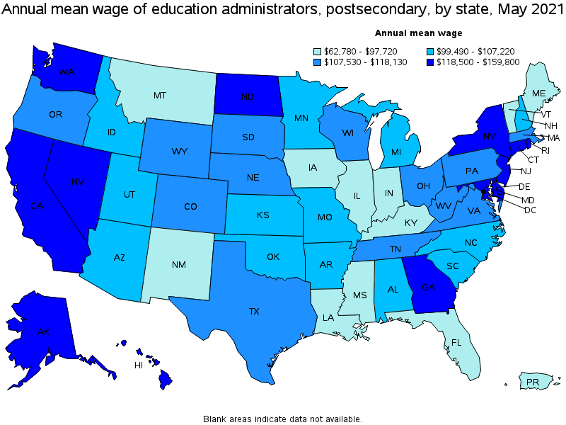 Map of annual mean wages of education administrators, postsecondary by state, May 2021