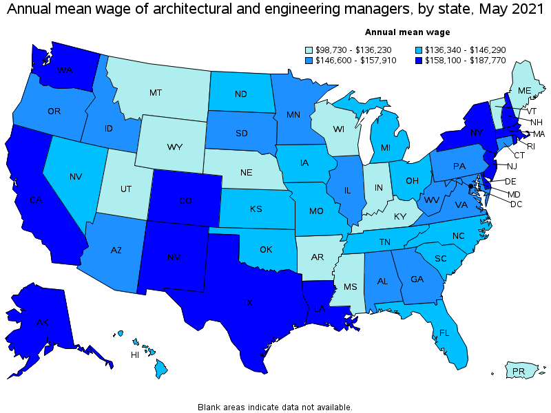 Map of annual mean wages of architectural and engineering managers by state, May 2021