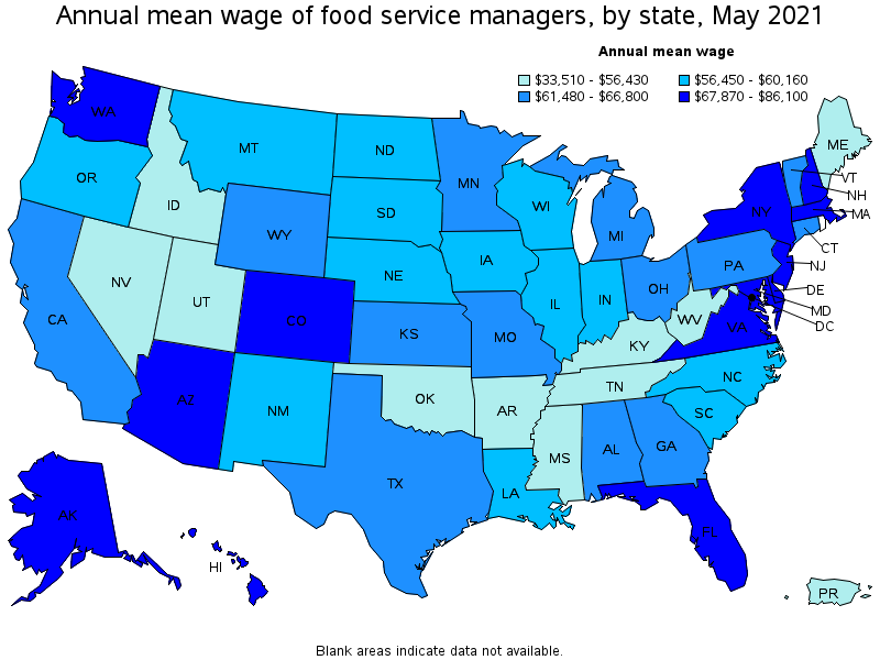 Map of annual mean wages of food service managers by state, May 2021
