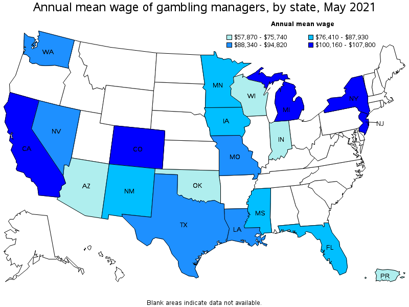 Map of annual mean wages of gambling managers by state, May 2021