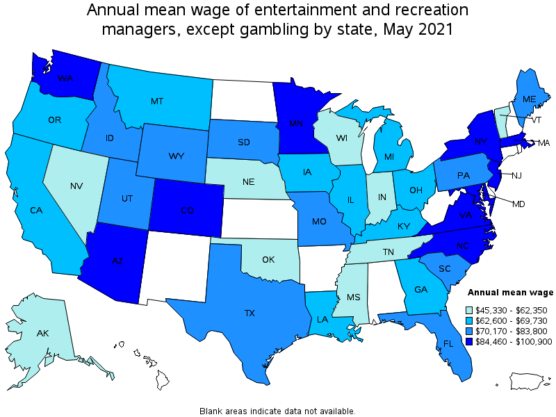 Map of annual mean wages of entertainment and recreation managers, except gambling by state, May 2021