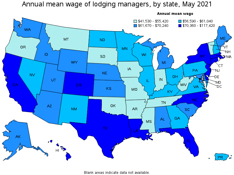 Map of annual mean wages of lodging managers by state, May 2021