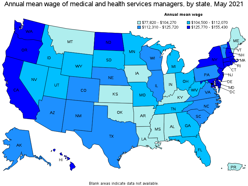 Map of annual mean wages of medical and health services managers by state, May 2021