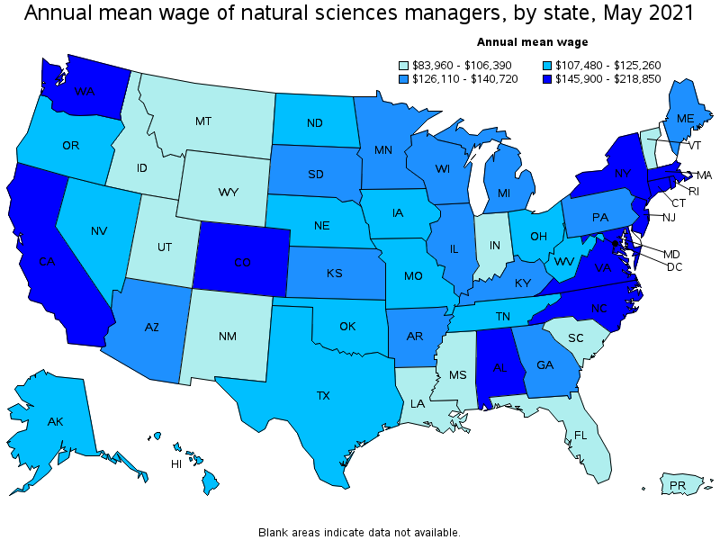 Map of annual mean wages of natural sciences managers by state, May 2021