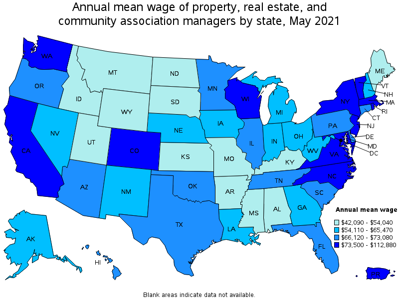 Map of annual mean wages of property, real estate, and community association managers by state, May 2021
