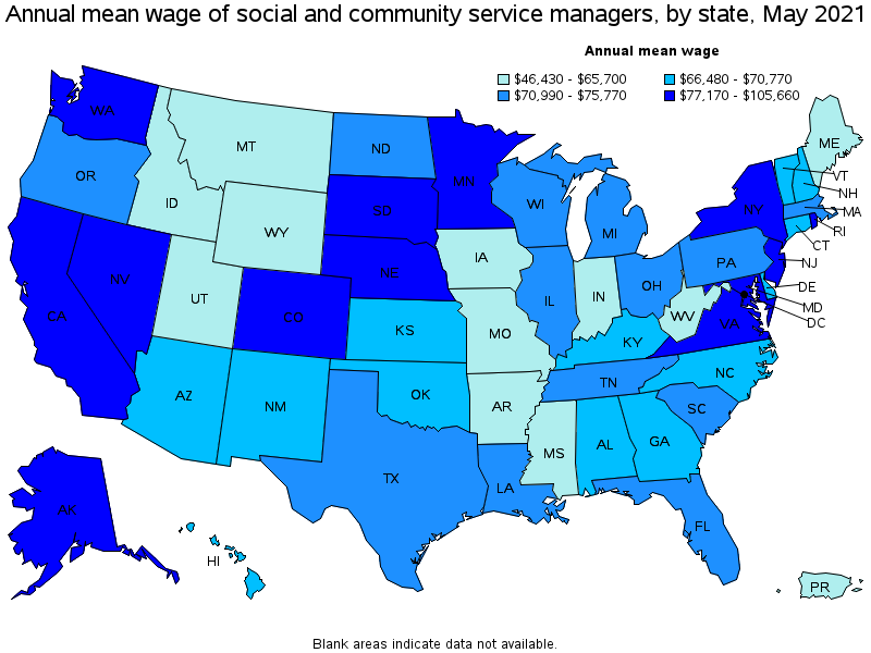 Map of annual mean wages of social and community service managers by state, May 2021
