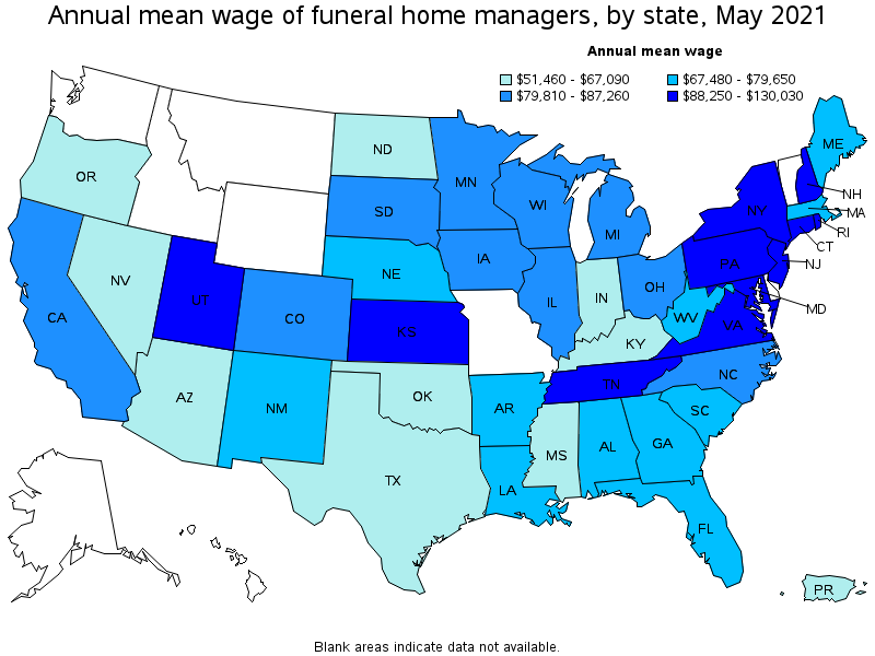 Map of annual mean wages of funeral home managers by state, May 2021