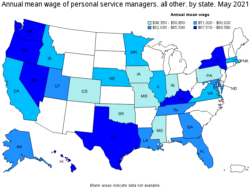 Map of annual mean wages of personal service managers, all other by state, May 2021