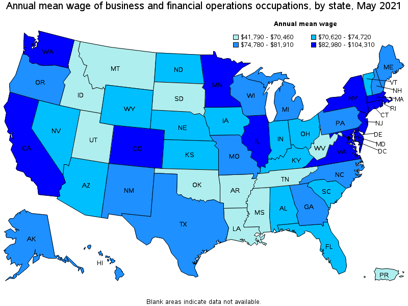 Map of annual mean wages of business and financial operations occupations by state, May 2021