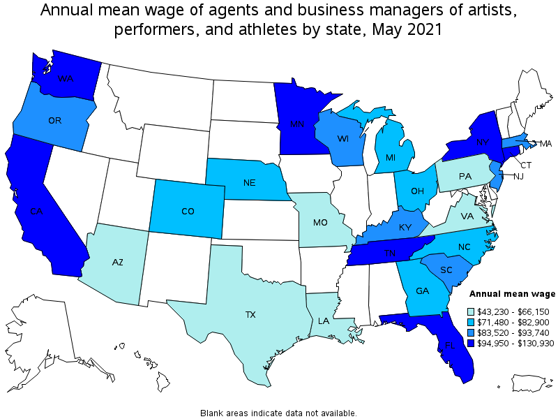 Map of annual mean wages of agents and business managers of artists, performers, and athletes by state, May 2021