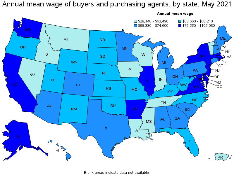 Map of annual mean wages of buyers and purchasing agents by state, May 2021