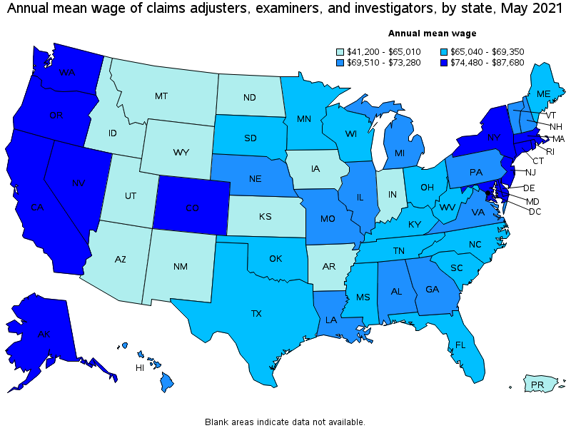 Map of annual mean wages of claims adjusters, examiners, and investigators by state, May 2021