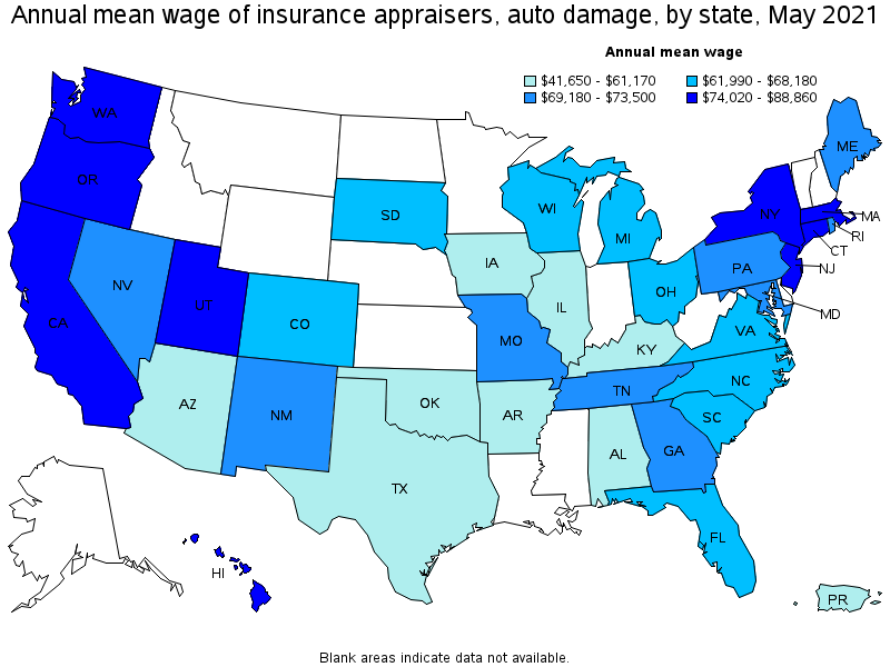 Map of annual mean wages of insurance appraisers, auto damage by state, May 2021