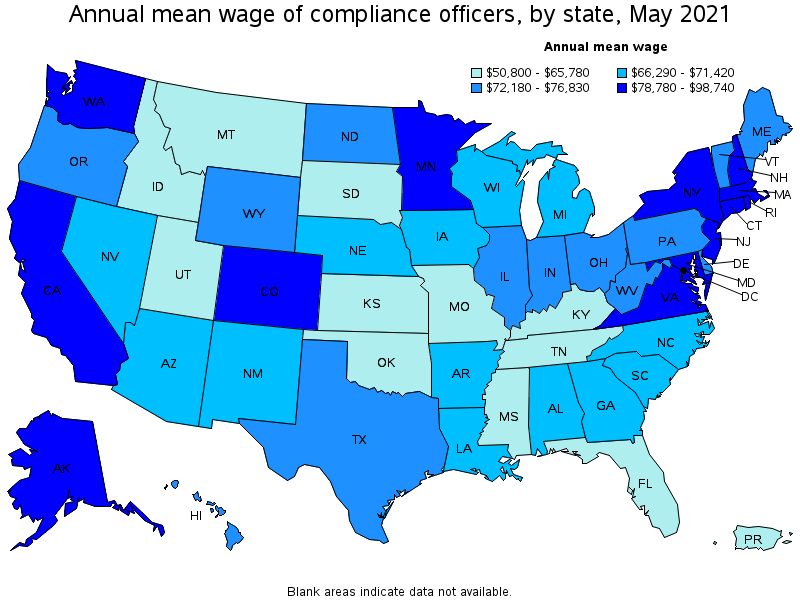 Map of annual mean wages of compliance officers by state, May 2021