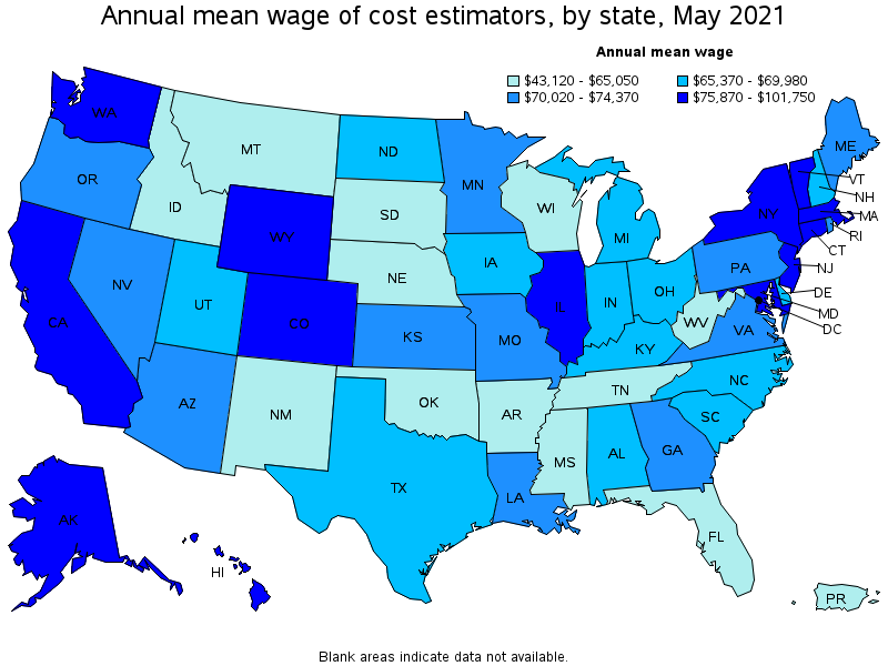 Map of annual mean wages of cost estimators by state, May 2021