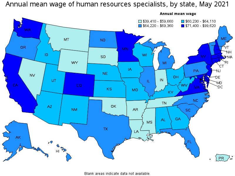 Map of annual mean wages of human resources specialists by state, May 2021
