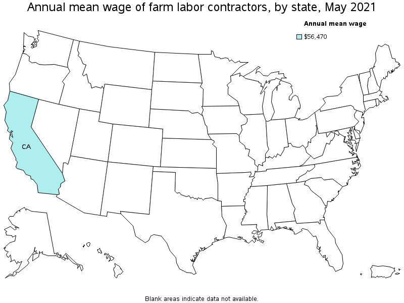Map of annual mean wages of farm labor contractors by state, May 2021