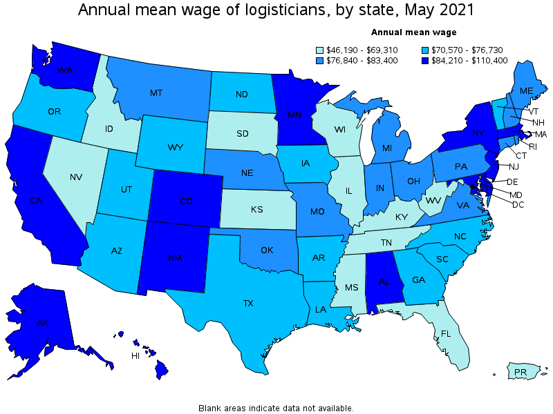 Map of annual mean wages of logisticians by state, May 2021