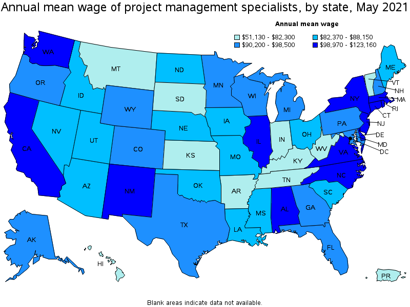 Map of annual mean wages of project management specialists by state, May 2021