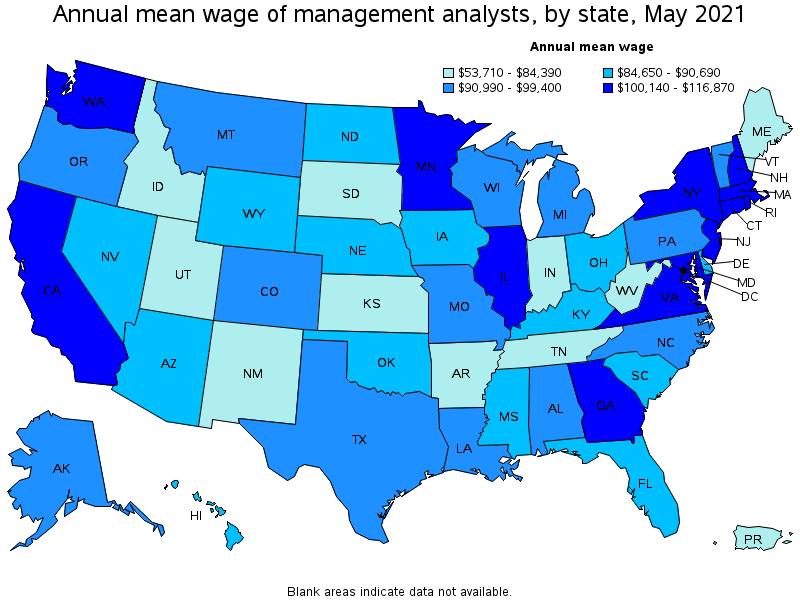 Map of annual mean wages of management analysts by state, May 2021