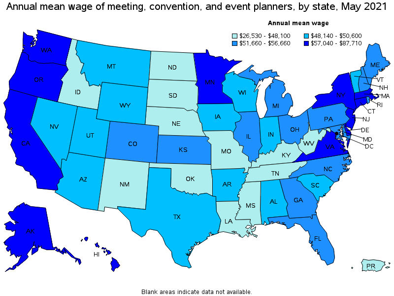 Map of annual mean wages of meeting, convention, and event planners by state, May 2021
