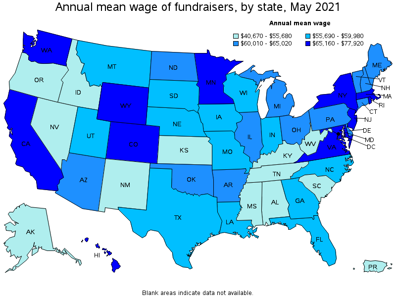 Map of annual mean wages of fundraisers by state, May 2021