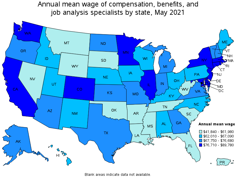 Map of annual mean wages of compensation, benefits, and job analysis specialists by state, May 2021