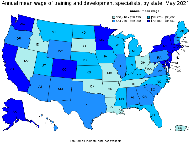 Map of annual mean wages of training and development specialists by state, May 2021