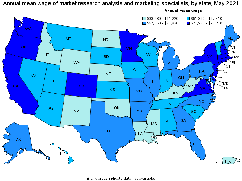 Map of annual mean wages of market research analysts and marketing specialists by state, May 2021