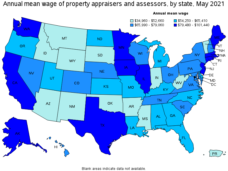 Map of annual mean wages of property appraisers and assessors by state, May 2021