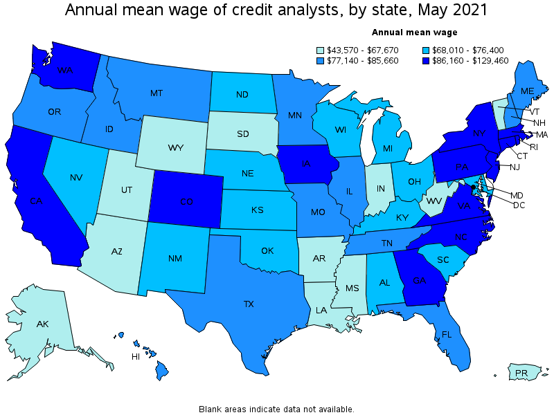 Map of annual mean wages of credit analysts by state, May 2021