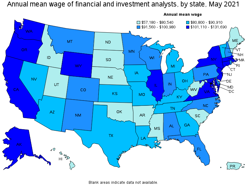 Map of annual mean wages of financial and investment analysts by state, May 2021
