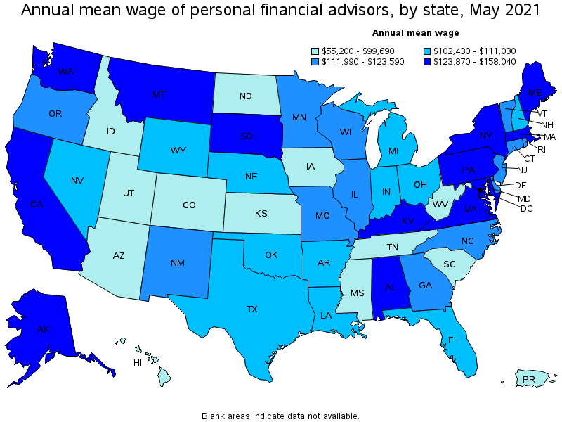 Map of annual mean wages of personal financial advisors by state, May 2021