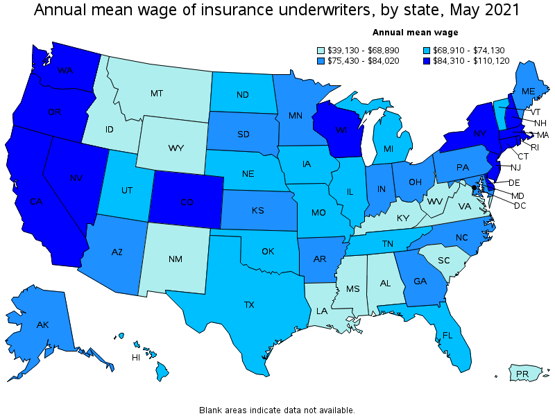 Map of annual mean wages of insurance underwriters by state, May 2021