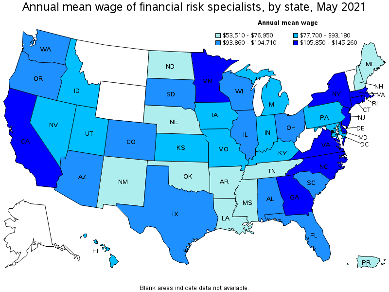 Map of annual mean wages of financial risk specialists by state, May 2021