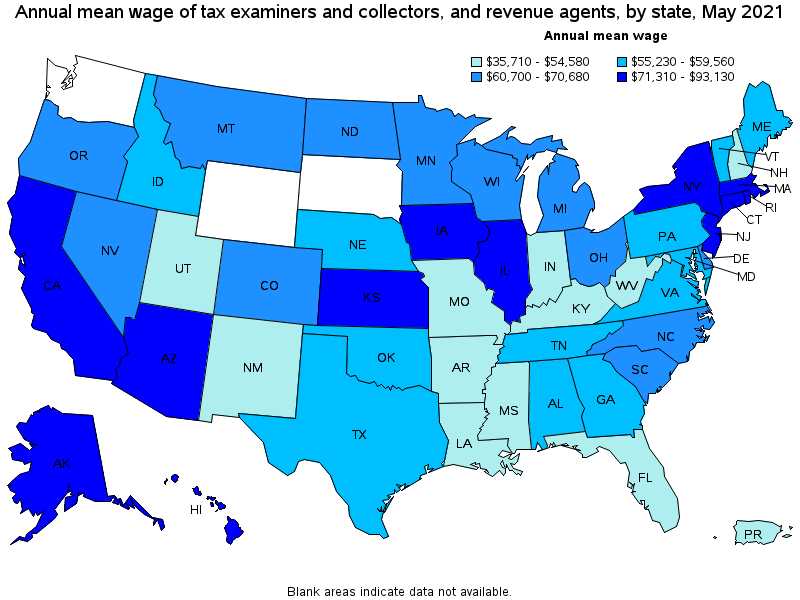 Map of annual mean wages of tax examiners and collectors, and revenue agents by state, May 2021