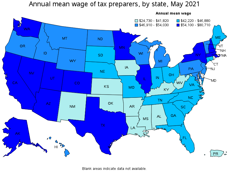 Map of annual mean wages of tax preparers by state, May 2021