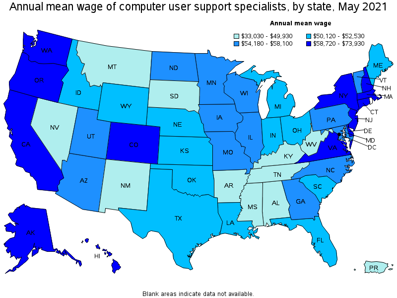 Map of annual mean wages of computer user support specialists by state, May 2021