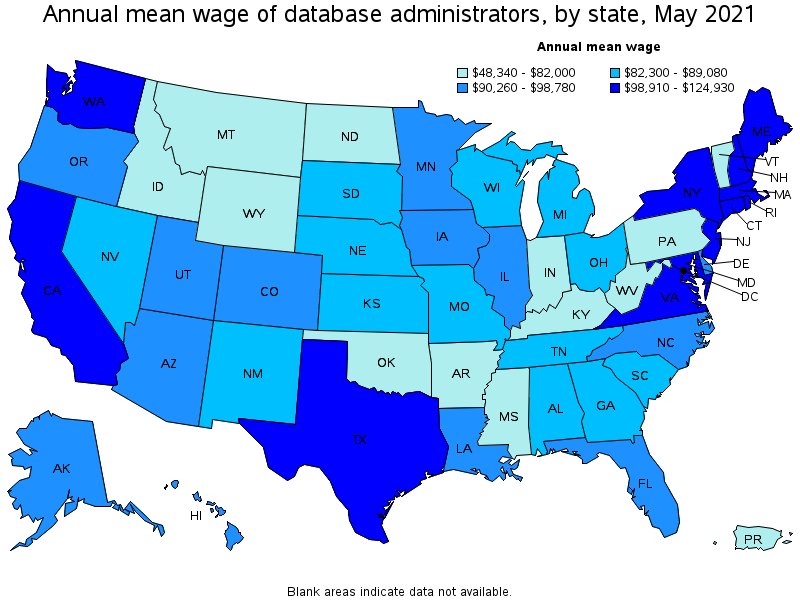 Map of annual mean wages of database administrators by state, May 2021