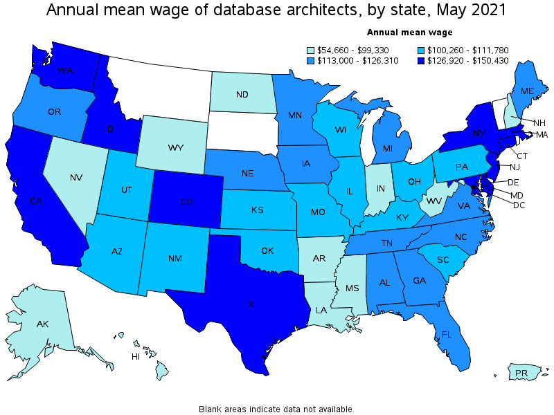 Map of annual mean wages of database architects by state, May 2021