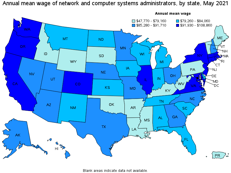 Map of annual mean wages of network and computer systems administrators by state, May 2021