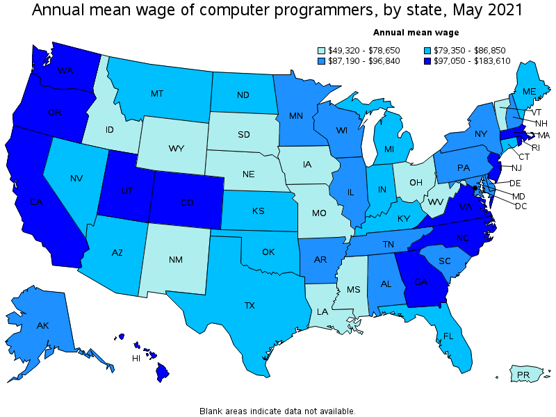 Map of annual mean wages of computer programmers by state, May 2021