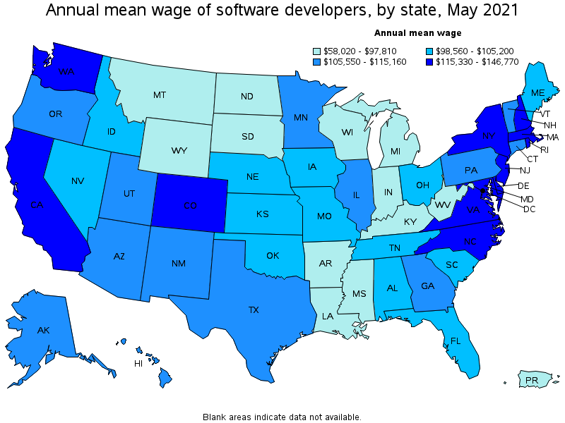 Map of annual mean wages of software developers by state, May 2021