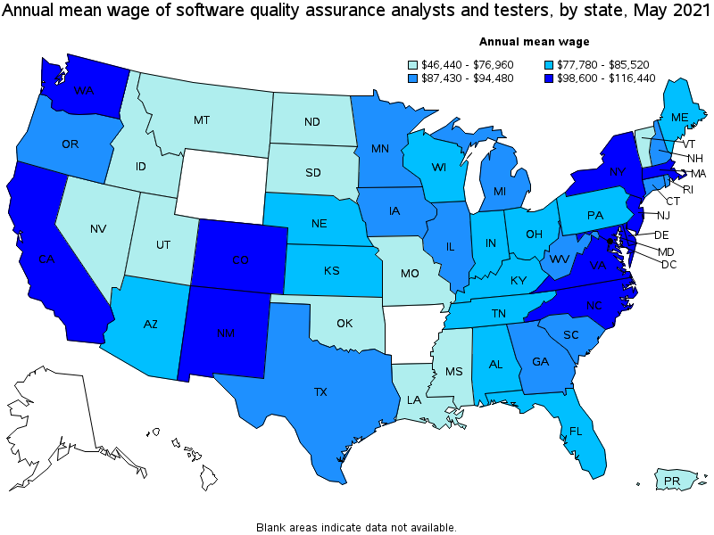 Map of annual mean wages of software quality assurance analysts and testers by state, May 2021