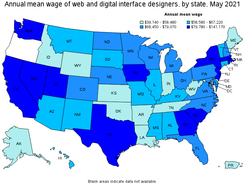 Map of annual mean wages of web and digital interface designers by state, May 2021