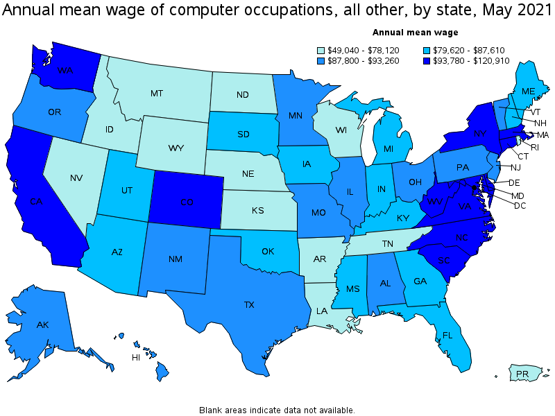 Map of annual mean wages of computer occupations, all other by state, May 2021